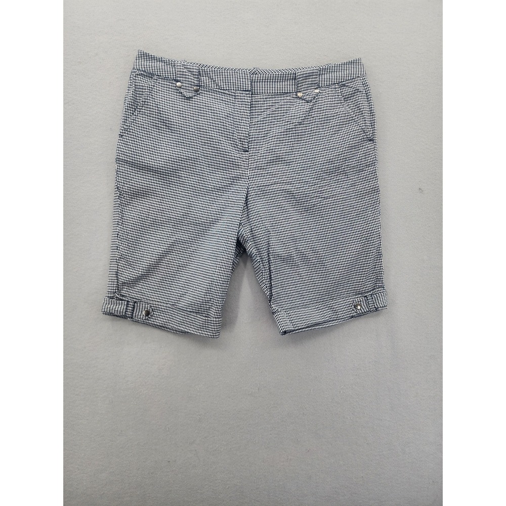 Larry Levine Stretch Gingham Shorts Navy White‎ Check Cuffed Bermuda Size 12 NEW